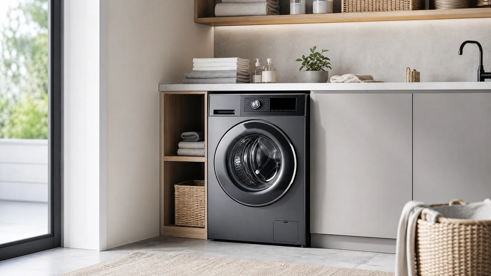 Modern home appliances showroom with refrigerators and washing machines