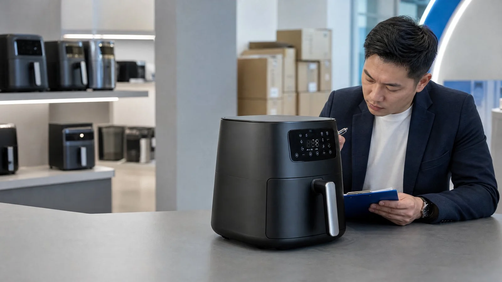 Procurement specialist inspecting an air fryer at a Chinese supplier showroom