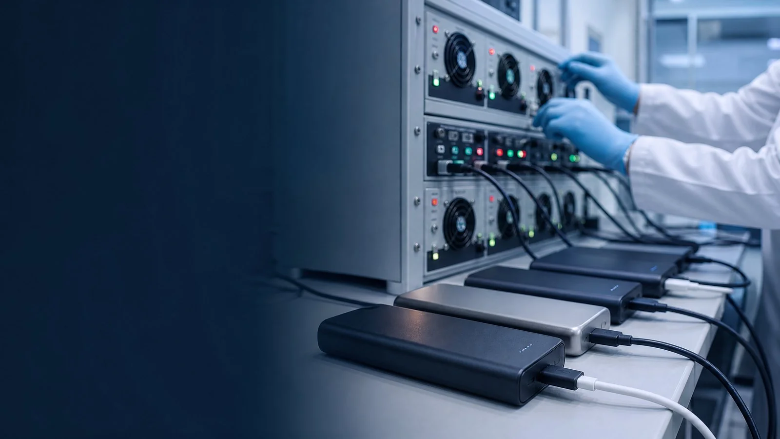 Battery cycle life testing equipment performing 1C charge-discharge cycles at 25°C standard conditions for consumer electronics