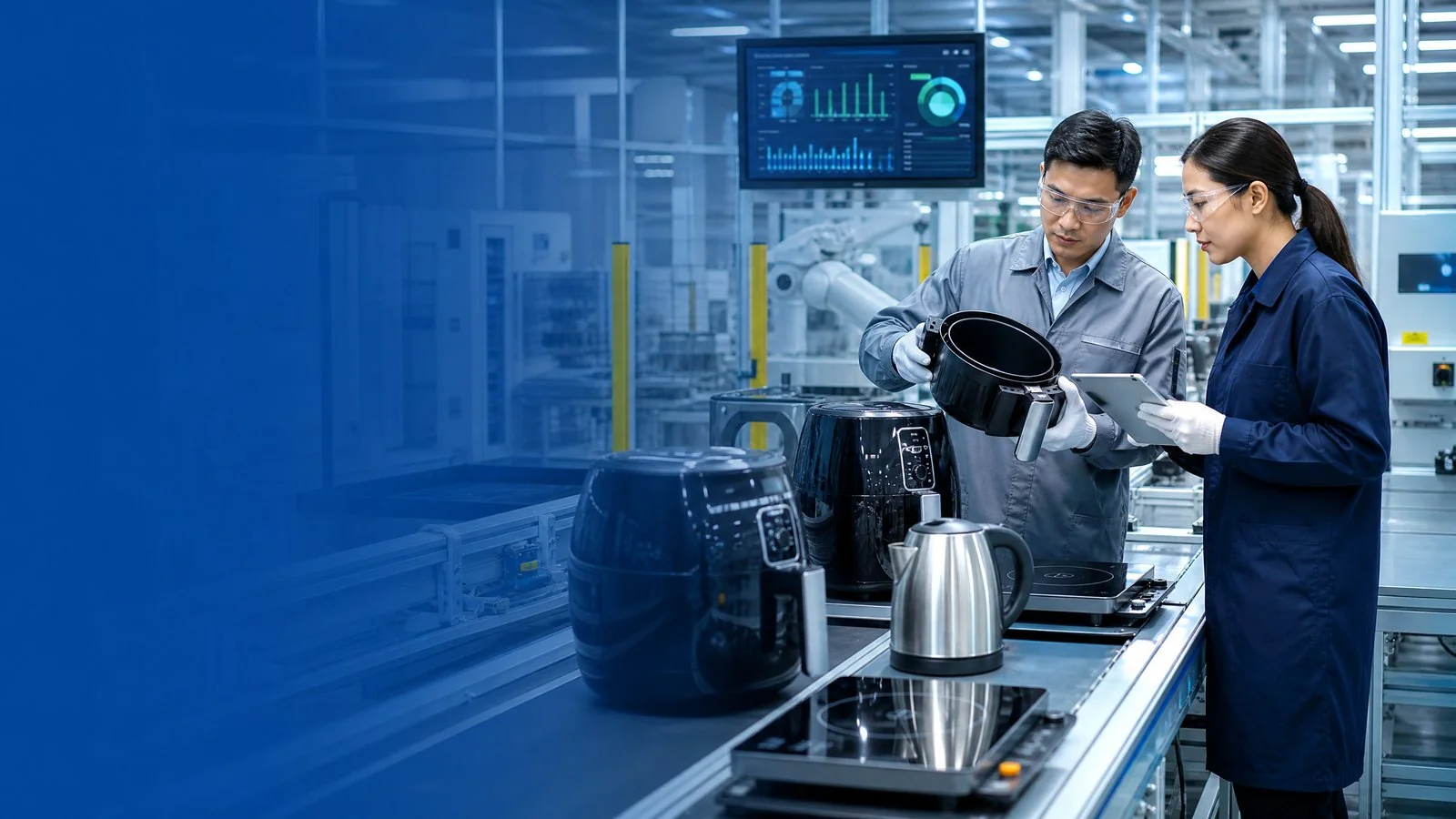 Engineers reviewing home appliance OEM production on a modern assembly line