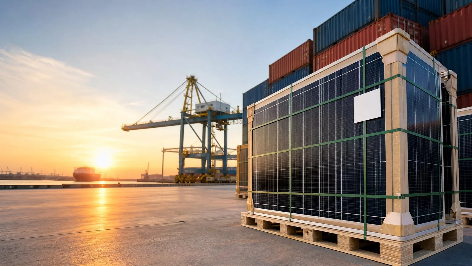 Export-ready solar panels on wholesale logistics pallets