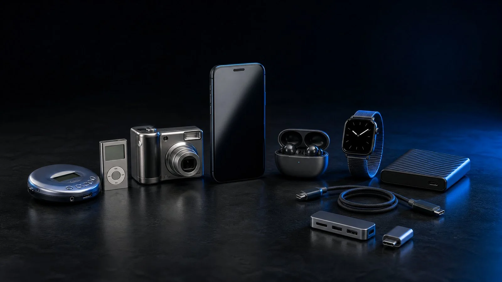 Modern 3C electronics devices including wireless chargers and smart gadgets