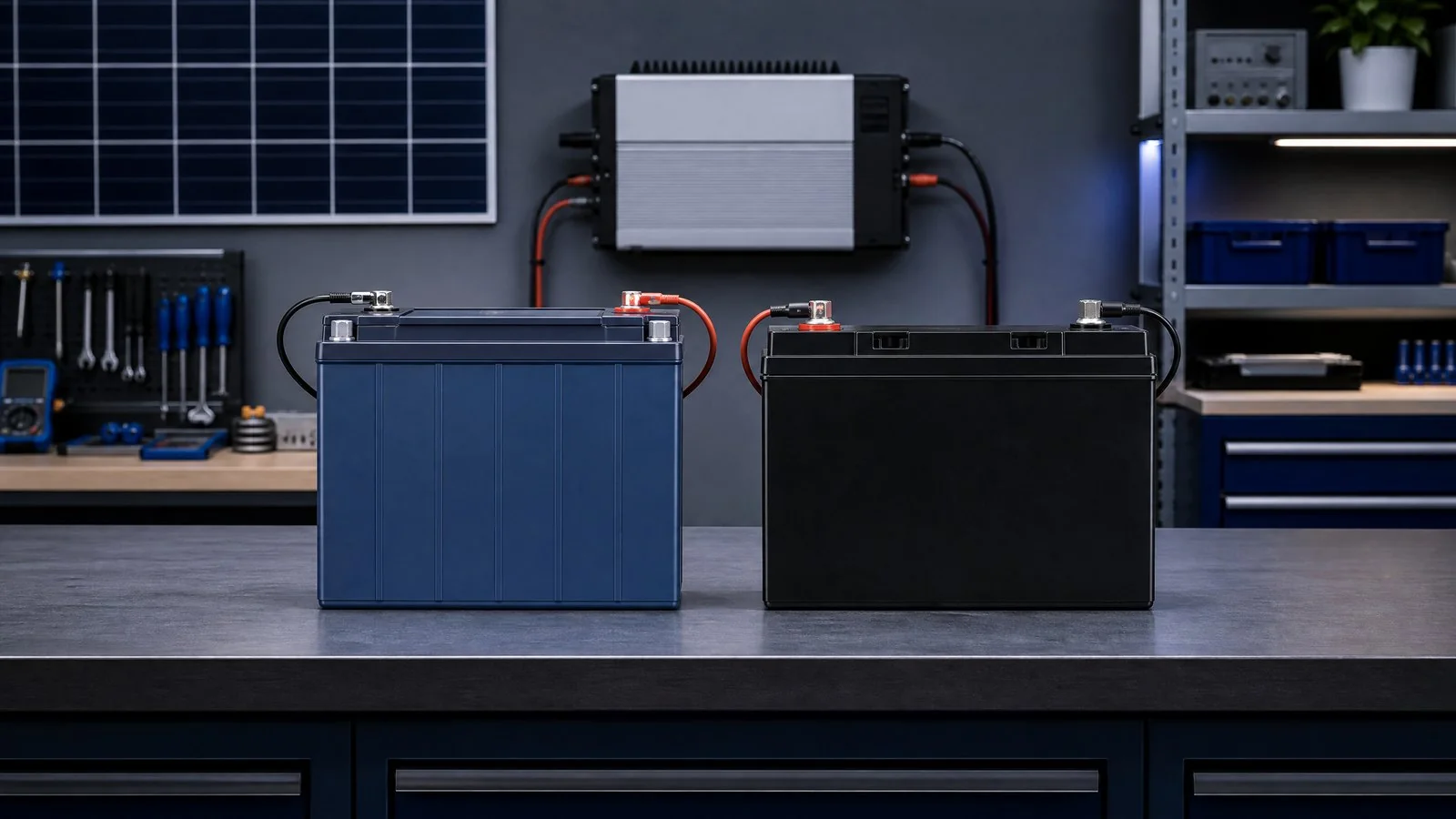 LiFePO4 and lead-acid batteries prepared for solar storage comparison