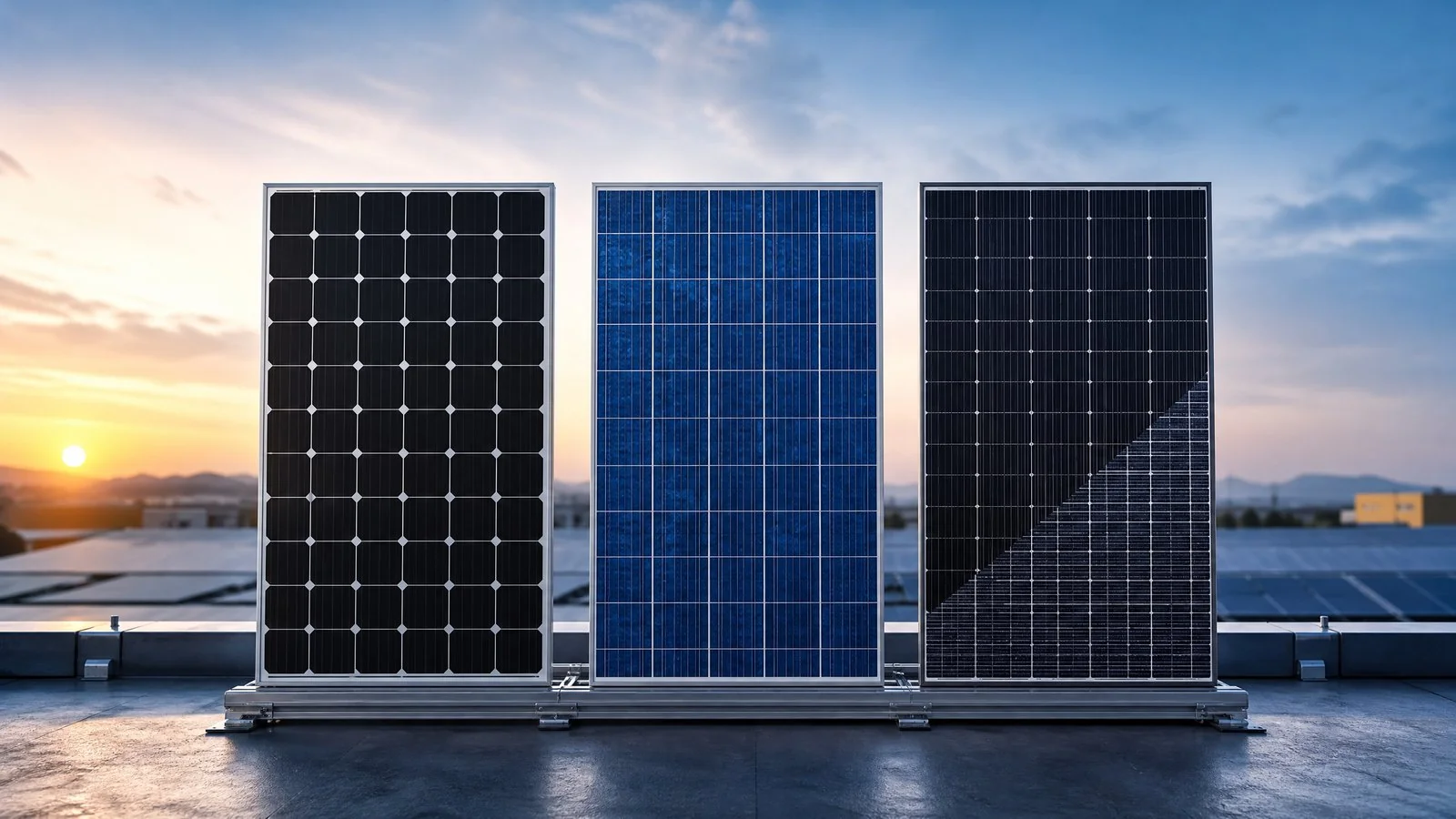 Distinct solar panel cell technologies in a technical comparison display