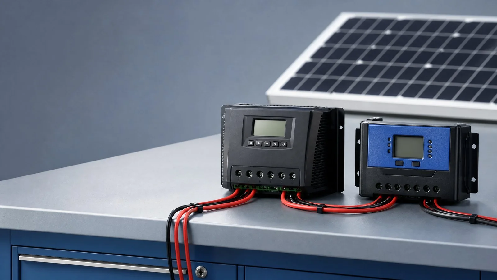 MPPT and PWM solar charge controllers on an engineering workbench