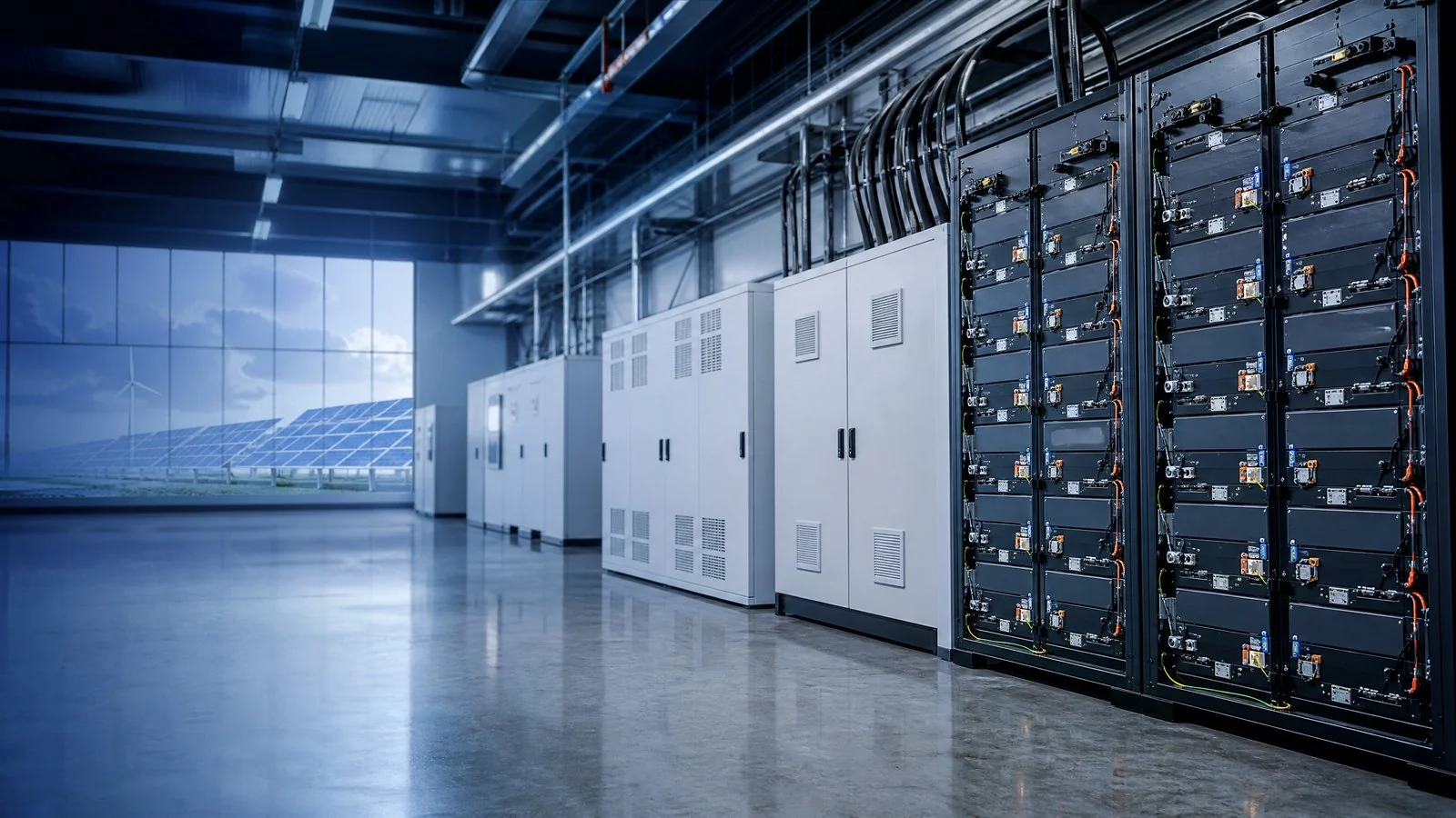 Large industrial facility with solar panels on the roof and energy storage units, symbolizing sustainable manufacturing