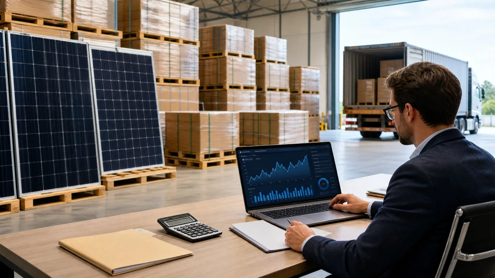 Solar panels prepared for wholesale distribution in a logistics warehouse