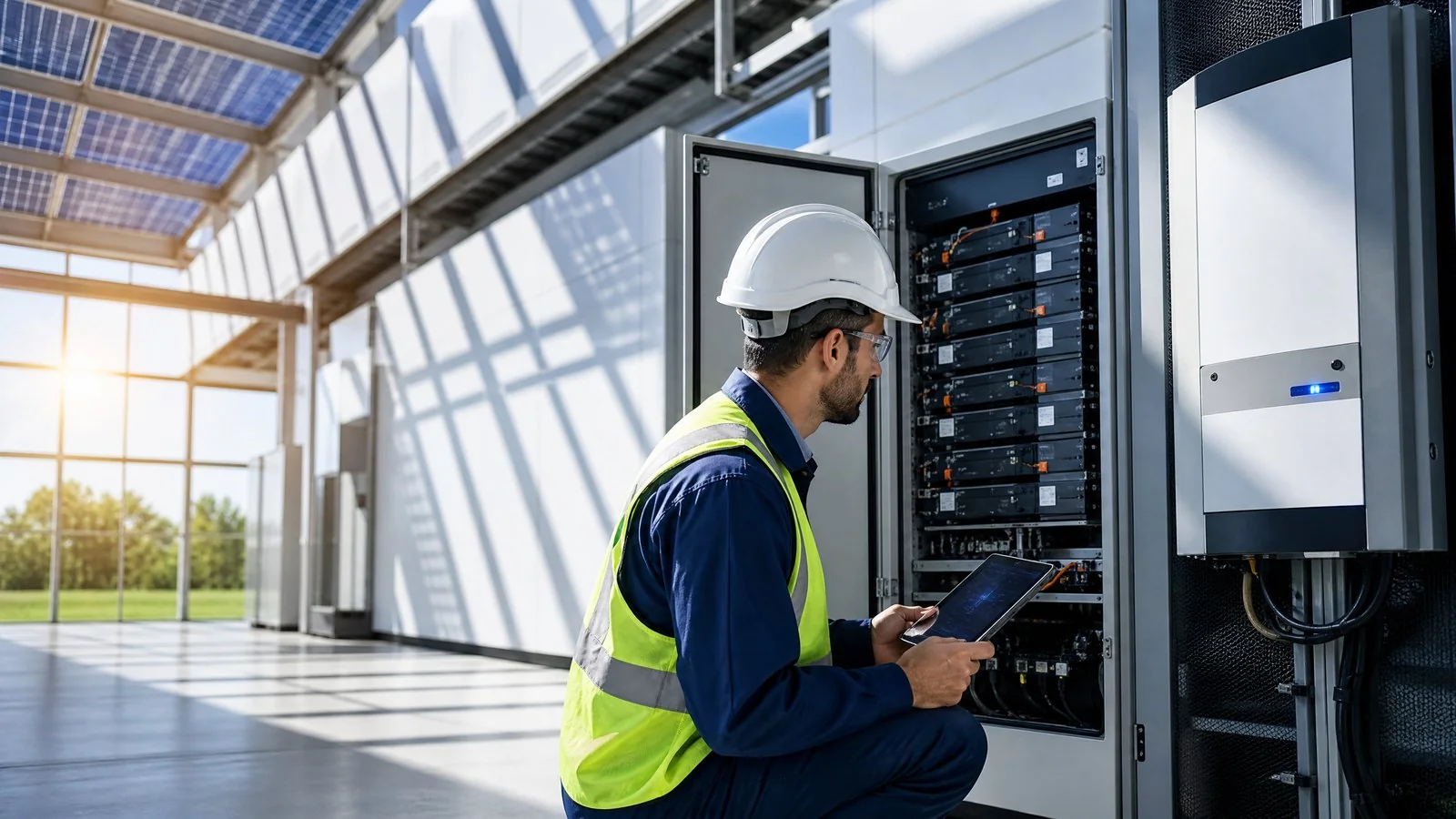LiFePO4 battery bank for industrial solar storage achieving 95% round-trip efficiency and 6000 cycle life