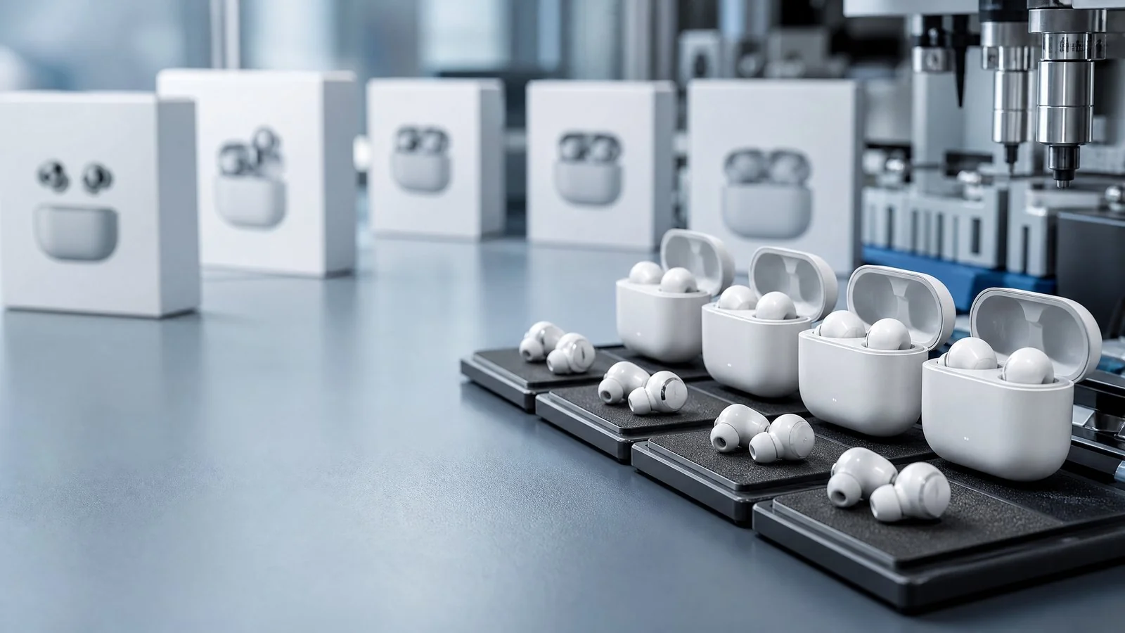 TWS earbuds and charging cases in an OEM quality inspection setting