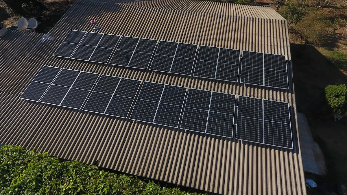 Solar panel installation on a commercial rooftop for an international procurement review