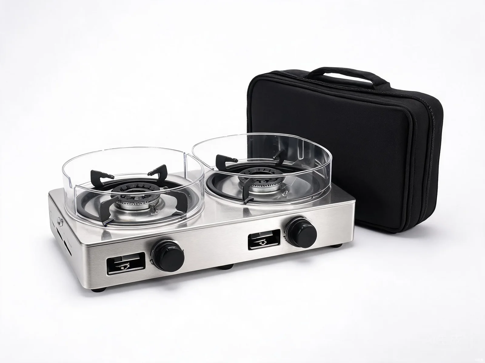 Double burner butane cassette gas stove HP-CS2 with 2 x 2.5kW burners, wind shields and carry case for outdoor camping cooking