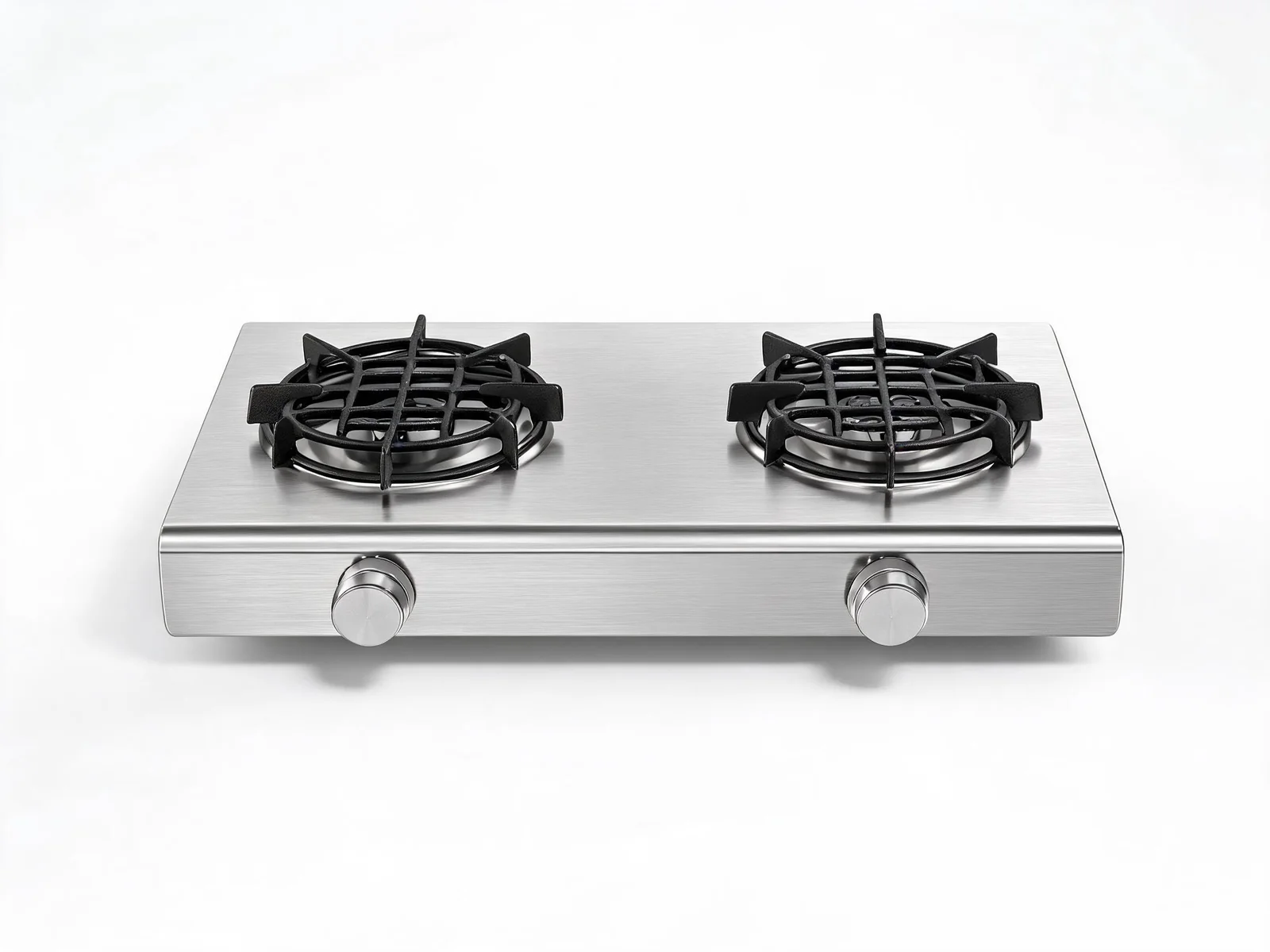 2-burner portable tabletop gas stove HP-GS2 with stainless steel body and cast iron grates for small kitchens