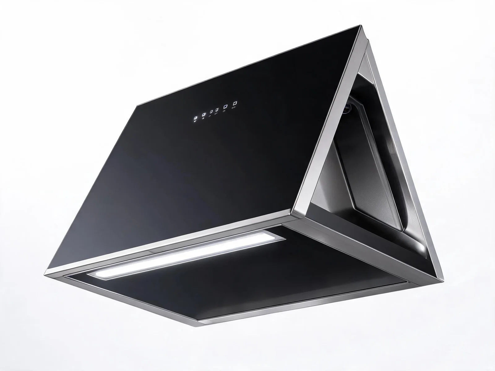 750mm inclined glass range hood HP-RH75I with side extraction design and black tempered glass panel for modern kitchens
